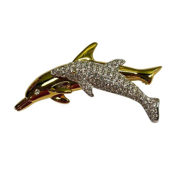 Swarovski Double Dolphin Brooch Gold Tone Crystal Rhinestones Beach Nautical - Picture 9 of 9